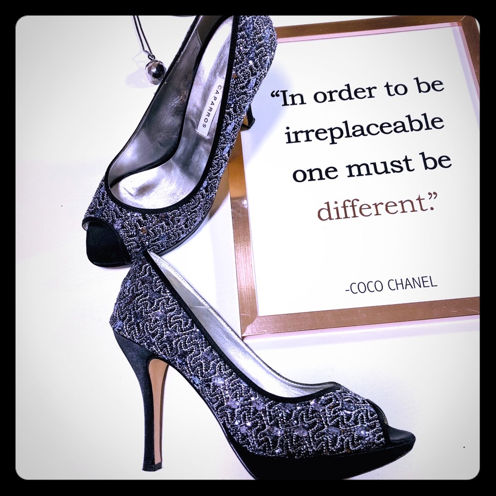Caparros Black & Silver Peep Toe Heels Sz 7.5